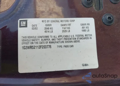 2002 Pontiac Grand Prix Gtp z USA, uszkodzony, nr VIN 1G2WR52112F203776